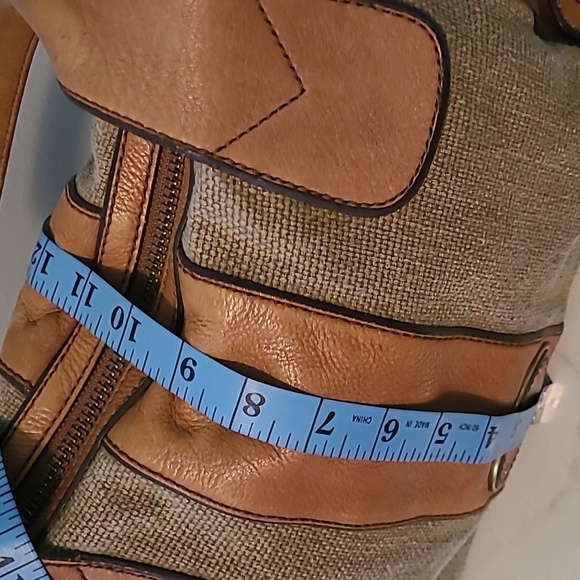 Fossil Vintage Revival Tan Leather Sage Canvas Top Handles Satchel Shoulder Bag - Picture 13 of 16